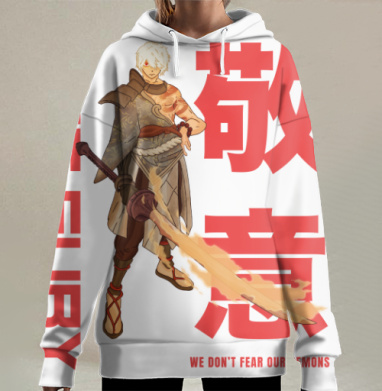 Мужчина с пламенным мечом в динамичной позе Ярость и демоны, Hoodie Long Oversize 3D