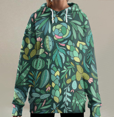 Узор с милыми суккулентами и кактусами, Hoodie Long Oversize 3D