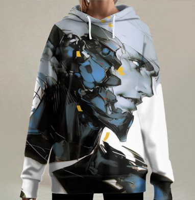 Кибернетическое слияние человека и робота в синих тонах, Hoodie Long Oversize 3D