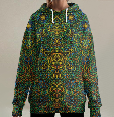 Психоделический узор с этно-черепами и мандалой, Hoodie Long Oversize 3D