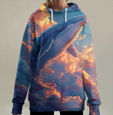 Величественный кит в облаках летящий кита в облаках, Hoodie Long Oversize 3D