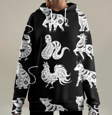 Белые животные китайского гороскопа черный фон, Hoodie Long Oversize 3D