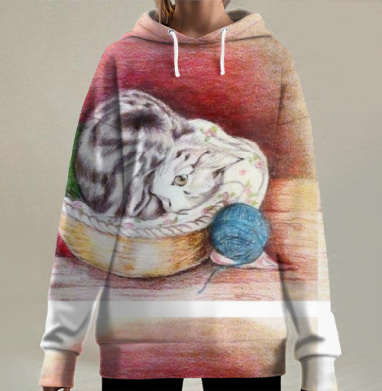 Кошка в корзине с пряжей уютная домашняя сцена, Hoodie Long Oversize 3D
