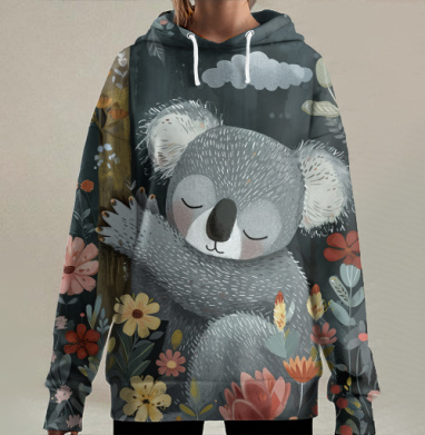 Терапевтическая иллюстрация Спящая коала в лесу, Hoodie Long Oversize 3D