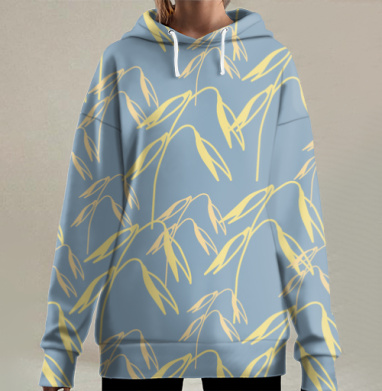 Орнамент с овсом в светло-голубом и желтом, Hoodie Long Oversize 3D
