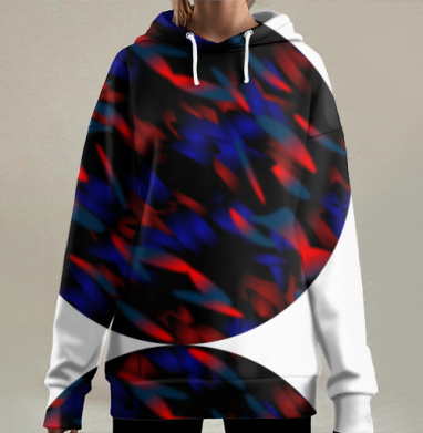 Контрастные блики красного и синего на центре абстракции, Hoodie Long Oversize 3D