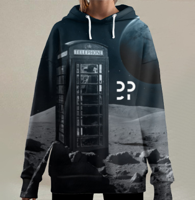 Телефонная будка на лунном пейзаже – сюрреализм и одиночество, Hoodie Long Oversize 3D