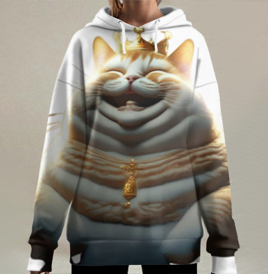 Королевский толстый кот в золотой короне на шее кулон, Hoodie Long Oversize 3D