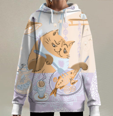 Кот наслаждается рыбой за столом уюта дома, Hoodie Long Oversize 3D