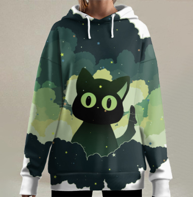 Черный кот мечтает среди звезд ночного неба, Hoodie Long Oversize 3D