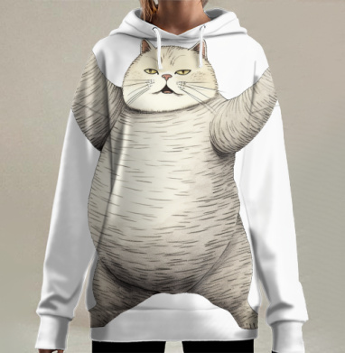 Серый большой кот держащий лапы вверх в позе силы, Hoodie Long Oversize 3D