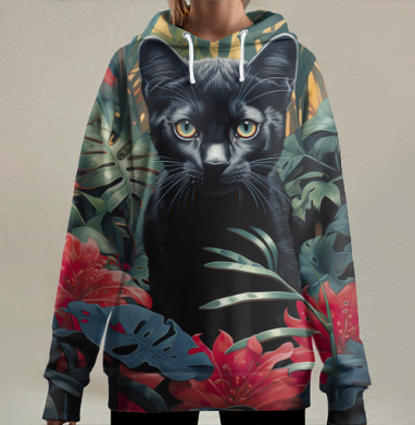 Чёрный кот в зелёных джунглях красных цветов, Hoodie Long Oversize 3D