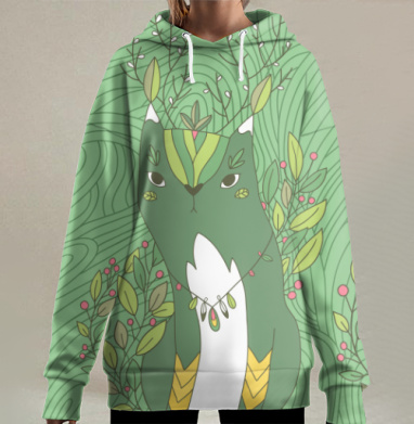 Лесной кот-дух в зелёных растительных мотивах, Hoodie Long Oversize 3D