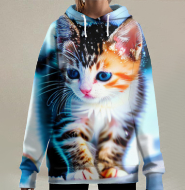 Милый Котенок На Снегу Нежный Взгляд Животного, Hoodie Long Oversize 3D