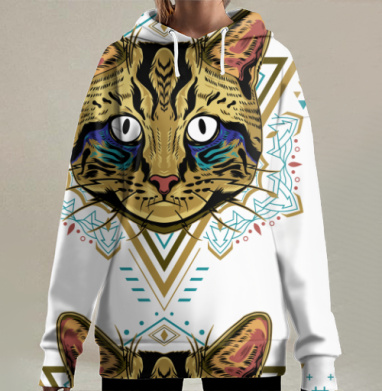 Голова дикой кошки с мистическими символами перед лицом, Hoodie Long Oversize 3D