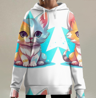 Мультяшный милый сидящий котёнок с яркими большими глазами, Hoodie Long Oversize 3D
