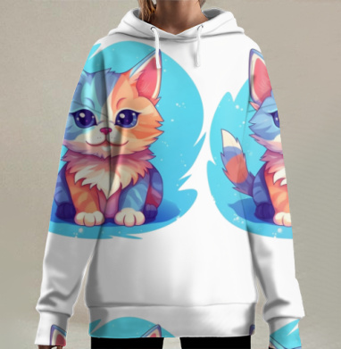 Милый котёнок с голубо оранжевой шерстью сидит, Hoodie Long Oversize 3D