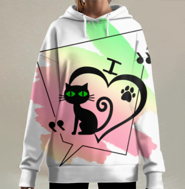 Черный кот с зелеными глазами в любви к лапе на пастельном фоне, Hoodie Long Oversize 3D
