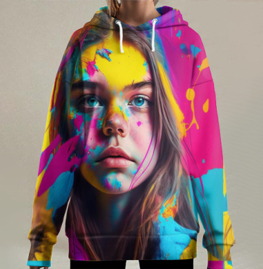 Яркие эмоции молодости лицо девочки цвета, Hoodie Long Oversize 3D