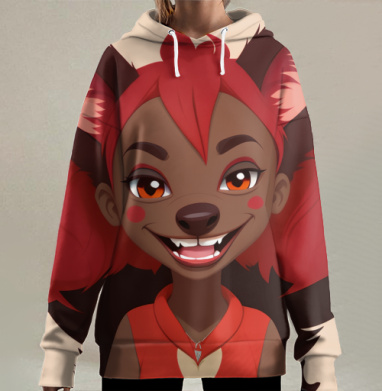 Веселая красная гиена улыбается широкой улыбкой, Hoodie Long Oversize 3D
