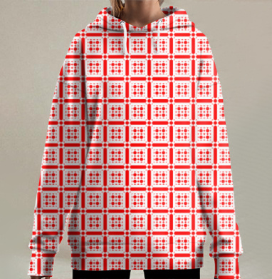 Красная клетка с декоративными точками узор, Hoodie Long Oversize 3D