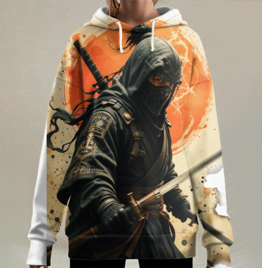 Ниндзя воин катаны перед закатом солнца, Hoodie Long Oversize 3D