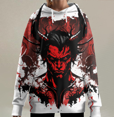 Мистический демон с рогами в огненном цвете красном черном, Hoodie Long Oversize 3D