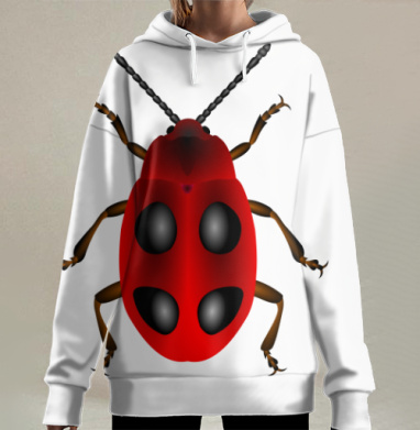 Красный жук крупным планом в деталях насекомого, Hoodie Long Oversize 3D