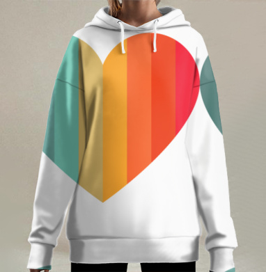 Яркое сердце с полосами из красного оранжевого бирюзового, Hoodie Long Oversize 3D