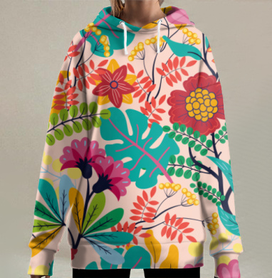 Яркий Цветочный Коллаж с Листьями на Светлом Фоне, Hoodie Long Oversize 3D