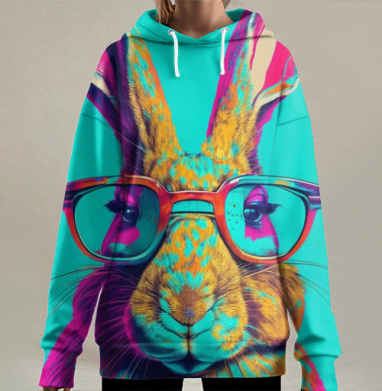 Яркий стильный кролик в очках в бирюзовом фоне, Hoodie Long Oversize 3D