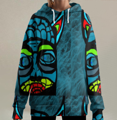 Стилизованная Голова Взгляд Красный Лицо, Hoodie Long Oversize 3D