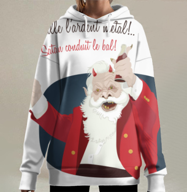 Дед Мороз с рогами и бутылкой в красном пиджаке, Hoodie Long Oversize 3D