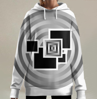Черно белая геометрия с концентрическими кругами и квадратами, Hoodie Long Oversize 3D