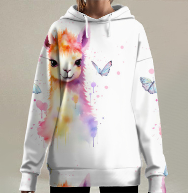 Нежная лама с бабочками в пастельных нежных тонах, Hoodie Long Oversize 3D