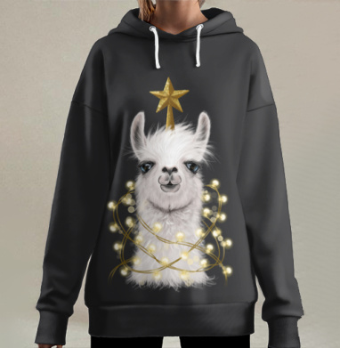 Лама в новогодних огнях с золотой звездой, Hoodie Long Oversize 3D