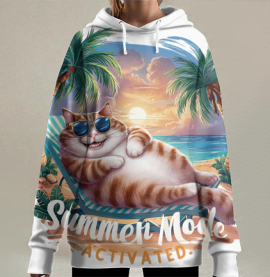 Кот отдых лето пляж солнечные очки, Hoodie Long Oversize 3D