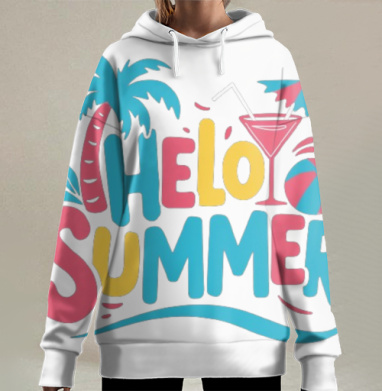 Приветствие лета яркое с коктейлем и пляжным мячом, Hoodie Long Oversize 3D