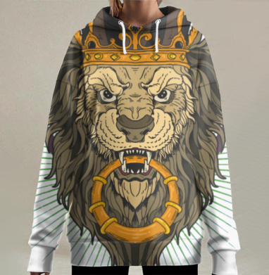 Величественный Лев с Золотой Короной и Кольцом, Hoodie Long Oversize 3D
