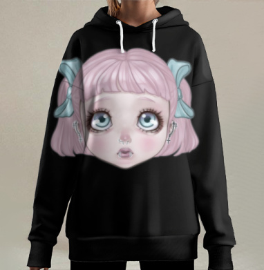 Девочка с розовыми волосами и голубыми бантиками, Hoodie Long Oversize 3D