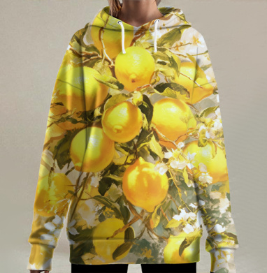 Яркие лимоны на ветке с цветами, Hoodie Long Oversize 3D