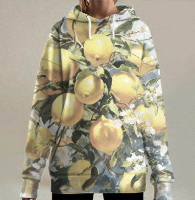 Яркие сочные лимоны растут на дереве, Hoodie Long Oversize 3D