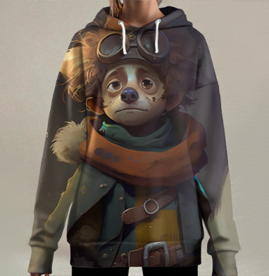 Меланхоличный герой путешественник в ретро экипировке мира животных, Hoodie Long Oversize 3D