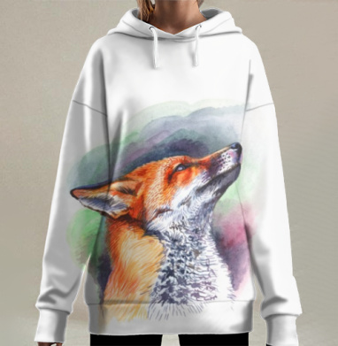Лиса в акварельном пленэре мечты, Hoodie Long Oversize 3D