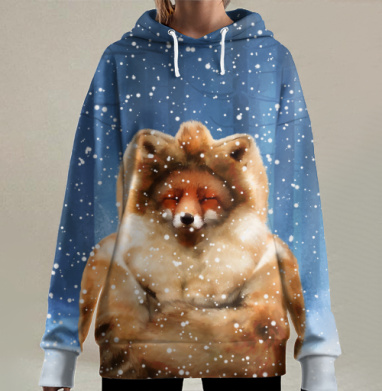 Пушистый рыже-белый зверек в зимней гармонии, Hoodie Long Oversize 3D