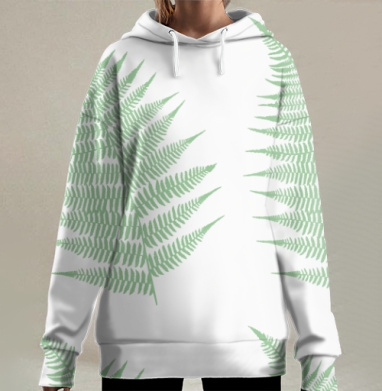 Светло зеленый лист папоротника на сером фоне лист папоротника, Hoodie Long Oversize 3D