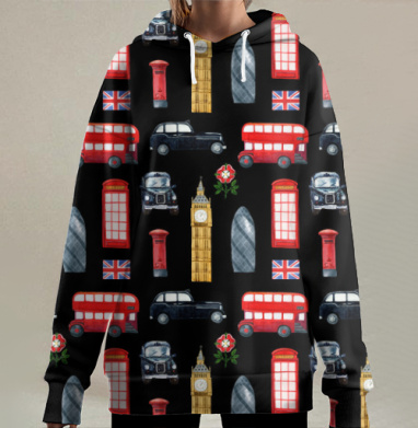 Декоративный паттерн с символами Лондона на черном фоне, Hoodie Long Oversize 3D