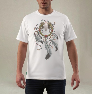 Магический ловец снов с черепом барана Dreamcatcher Skull Amulet, Футболка мужская REGULAR белая
