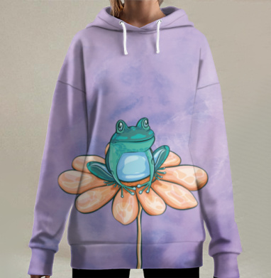 Бирюзовая лягушка на персиковом цветке, Hoodie Long Oversize 3D