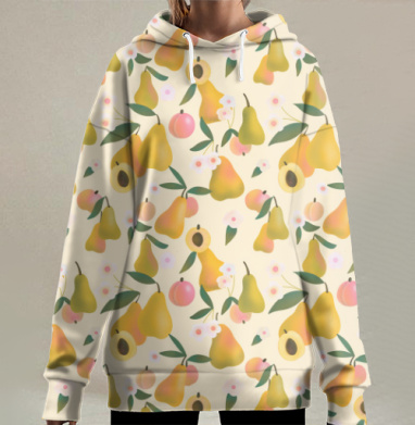 Яркие жёлтые груши сочные листья розовый фон, Hoodie Long Oversize 3D